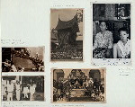 Unloading kerosene. Belawan Deli, Sumatra (top left) ; "Part of my servants," Medan, Sumatra, 9 November 1930 (bottom left) ; Padi-schuur. West Coast, Sumatra (top center) ; Wedding, East Coast, Sumatra (bottom right) ; Vendor of Kain, Palembang, Sumatra (extreme right)