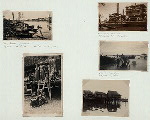 Harbor with junks. Qdj. Balei, Sumatra, February 28, 1930 (top left); [Sumatran family] (bottom left); Unloading gasoline. Belawan Deli, Sumatra (top right); Sibolge, Sumatra, August 13, 1930 (cemter right); [Houses on water, Sumatra]