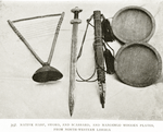 Native harp, sword, and scrabbard, and mandingo wooden plates, from North-Western Liberia.