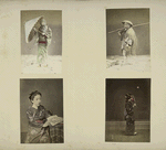 A Hooded Woman with an Umbrella, A Man Wearing a Mino (a Straw Raincoat) and  a Kasa (a Bamboo Hat), A Woman reading a Book, and A Women Playing Shuttlecock