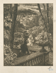 [Un monsieur accoudé à une balustrade, une femme passe dans le fond, effet de soir dans un parc.]