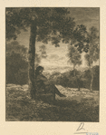 [Un homme assis au pied d'un arbre, tourné vers la droite.]