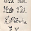 Marketplace scenes. People in groups holding baskets of fruit. People resting in a group. Women talking with baskets balanced on their heads.]