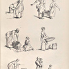 Woman with a bucket. Woman and child haul fruit in a basket. Woman and child sort fruit from a basket. Woman standing with large basket of fruit. Woman moving a bucket. Child pulling a sledge, mother holding a baby.