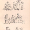 Young woman and small children gather near sleeping older woman holding a bundle. Child reads to an elderly woman. Young children play with string, basket.]