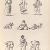 Men carrying baskets or bundles. Men resting on the ground. Men tying bundles