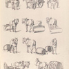 Horse drawn carts. Horses pulling rollers and barrels on carts or sleds