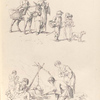 Mother and children walking and carrying baskets, one child rides a donkey. Family cooks a meal over an open fire