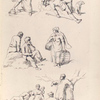Woman fills a bucket with water. Man rests on haystack. Men sit on a rock. Woman holds baskets. People resting on the ground