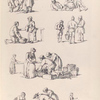 [Marketplace scenes. Men and women gather around baskets of fruit, or sacks. People rest on the ground.]]