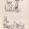 A man and two women gather firewood. A family group rests together on the ground