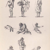 Men standing with a whip, basket, or bundle. Men sitting or laying, or kneeling on the ground