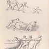 Fishermen.  Men pull a rope. Men push a boat into the water. Men pull a boat on shore