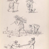 Men carrying firewood. Men sawing a log