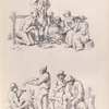 Fishmongers. Men and women sorting fish from a basket. A man holds up a fish for inspection