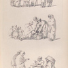 Marketplace scenes. Women gather around a basket of fruit on a table. Women hold a tray of fruit. A family group talks, rests, a mother feeds her child
