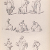 Women carrying baskets or sacks, kneeling , or resting on a rock
