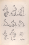 [Women carrying baskets or sacks, kneeling , or resting on a rock.]]
