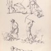 Men pulling wheelbarrows, shoveling, using a pick ax, resting on the ground