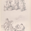 A woman holds fruit to be placed in a man's basket. A man offers a duck to a family cooking around an open fire