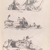 [Men work on a boat at low tide. Men pull am anchor rope onto a boat. Men remove a mast from a boat.]]