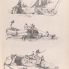 Men work on a boat at low tide. Men pull am anchor rope onto a boat. Men remove a mast from a boat