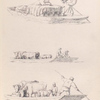 A man ferries a boat full of barrels while another sleeps. Men ferry cattle and sheep