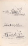 A man ferries a boat full of barrels while another sleeps. Men ferry cattle and sheep