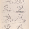 Men on boats pull a net from the water. Men steer boats with polls. Men work in boats