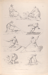 Men on boats pull a net from the water. Men steer boats with polls. Men work in boats
