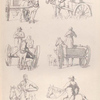 Men driving horse drawn carts. Men on horseback