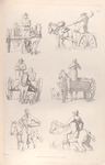 Men driving horse drawn carts. Men on horseback