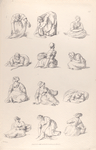 [Women picking up cloth. Women laying or sitting on the ground.]]