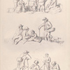 People gathered around a cooking fire. People sitting on a hilltop