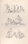People gathered around a cooking fire. People sitting on a hilltop