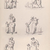 Women walk with children. A man and two children cross a body of water