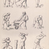 Men using pick axes, shovels. Men chopping wood