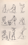 Men using pick axes, shovels. Men chopping wood