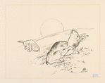 Deux lapins, la lune derrière colline.