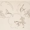 Assiette à dessert : trois motifs composés chacun d'un ruban, d'une fleur et d'un oiseau.