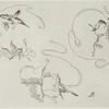 Assiette à dessert : trois motifs composés chacun d'un ruban, d'une fleur et d'un oiseau.