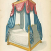 Bed with blue and red drapery.
