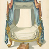 Canopy bed with blue and orange drapery.