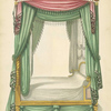 Canopy bed with pink and green drapery.