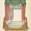 Canopy bed with green and red drapery.
