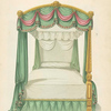 Canopy bed with green drapery.