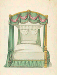 Canopy bed with green drapery.