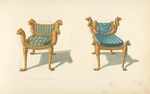 Two chairs with animal motifs.