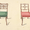 Two chairs with red, green cushions.