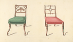 Two chairs with red, green cushions.